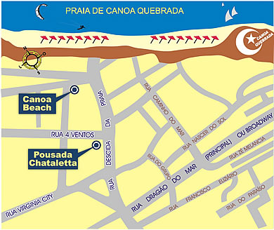 Mapa de localização da Pousada Canoa Beach e Pousada Chataletta - Canoa Quebrada